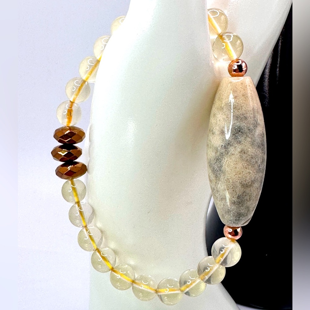 LEMON QUARTZ + FOSSIL CORAL NATURAL STONES BRACELET size 7”